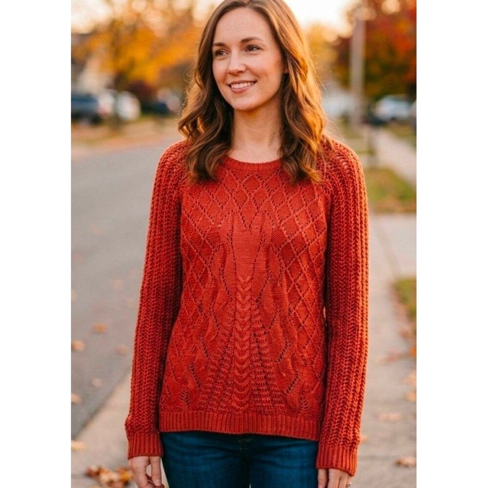 Eyeshadow Cable Knit Keyhole Tie Back Sweater Burnt Orange Lace Pullover- Size L